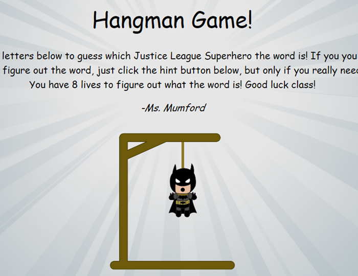 Image of a website I created for a make-believe website for a 2nd grade class that is hangman with Superhero characters.